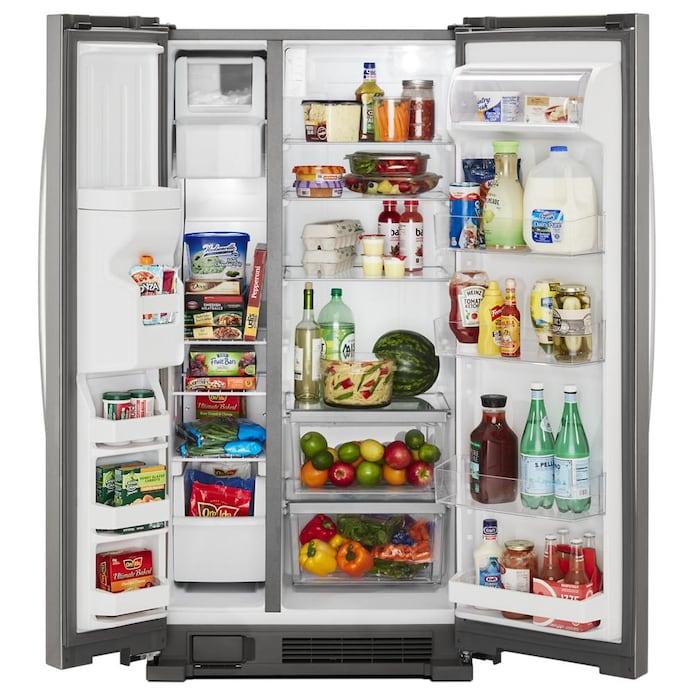 Whirlpool 4 Piece Kitchen Appliances Package with Side-by-Side Refrigerator, Electric Range, Dishwasher, and Over the Range Microwave in Fingerprint Resistant Stainless Steel - 09025861@2x.jpg