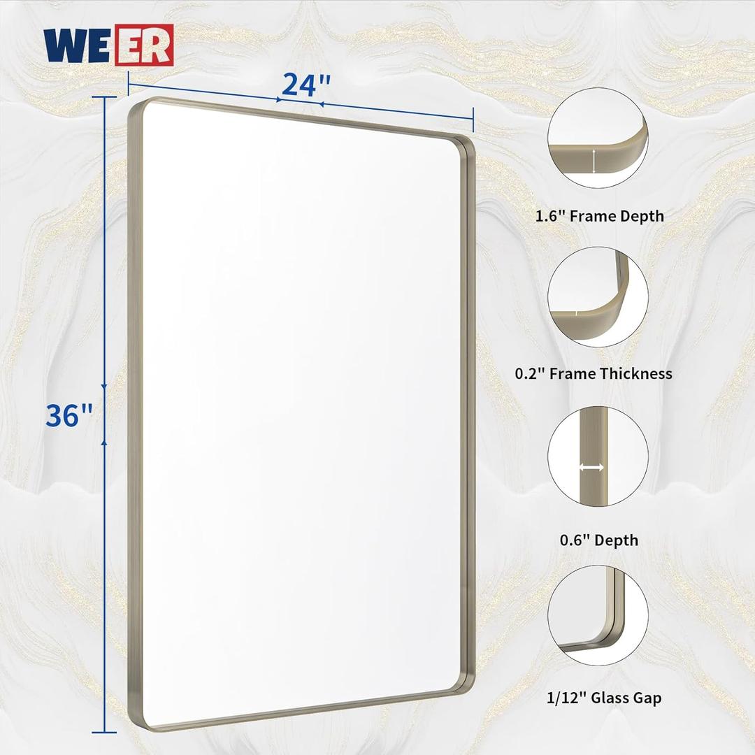 24x36 Inch Brushed Nickel Bathroom Mirror, Brushed Silver Metal Frame Mirror, Rounded Rectangle Silver Bathroom Vanity Mirror, Tempered Glass, Anti-Rust, Hangs Horizontally or Vertically - 711o555nhAL._AC_SL1500@2x.jpg