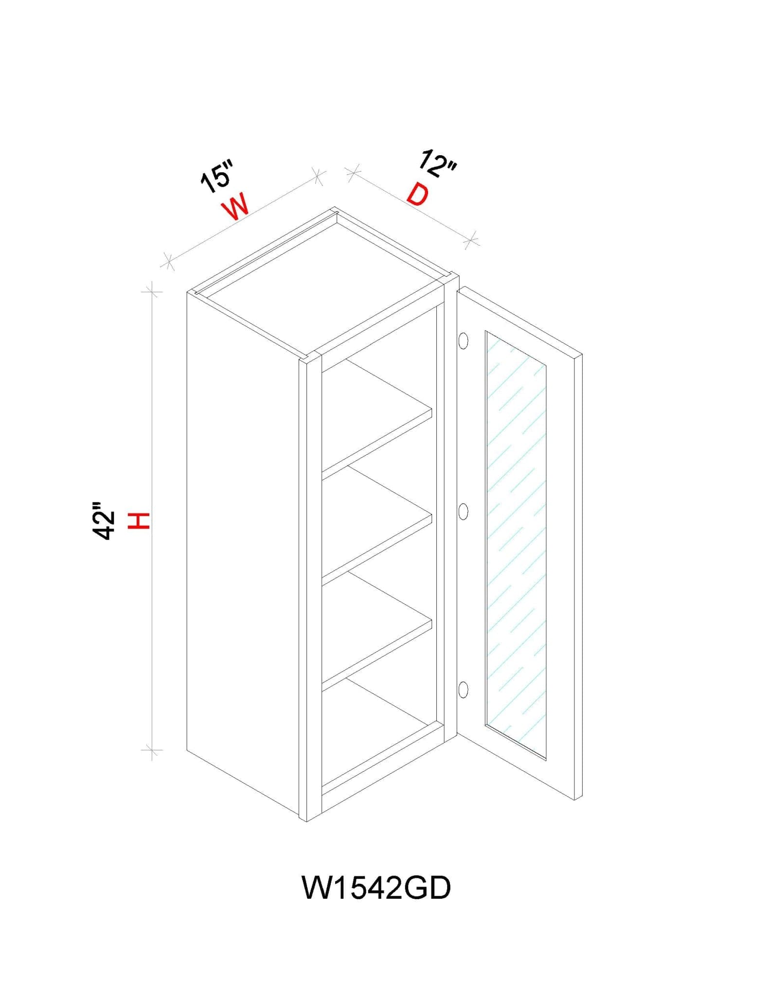 Wall Cabinet - 15"W x 42"H x 12"D Glass Door Only