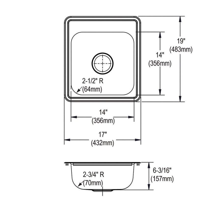 Dayton® Single Bowl Bar Sink, Top Mount, ADA, 19 17 x 19 in, 6 in Bowl Depth, 1-Hole, 22 ga Satin Steel, Stainless - c2pl70qcid3wcslr2z8s@2x.jpg