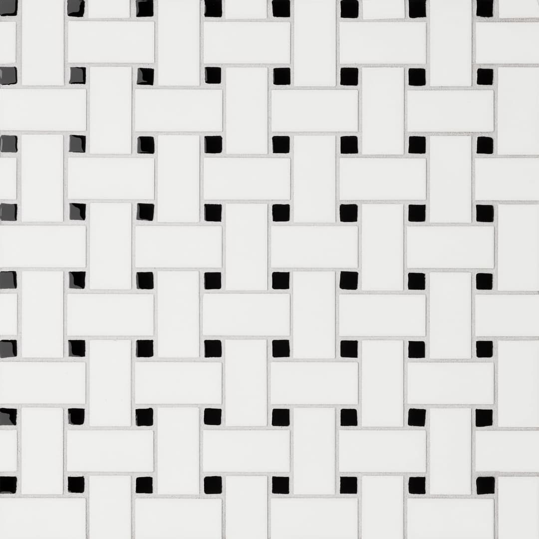 Le Cafe 1" x 2" Basket Weave Porcelain Mosaic Tile in Matte White/Black W/Glossy Dot - cf1bhen0aetacctdabo4@2x.jpg