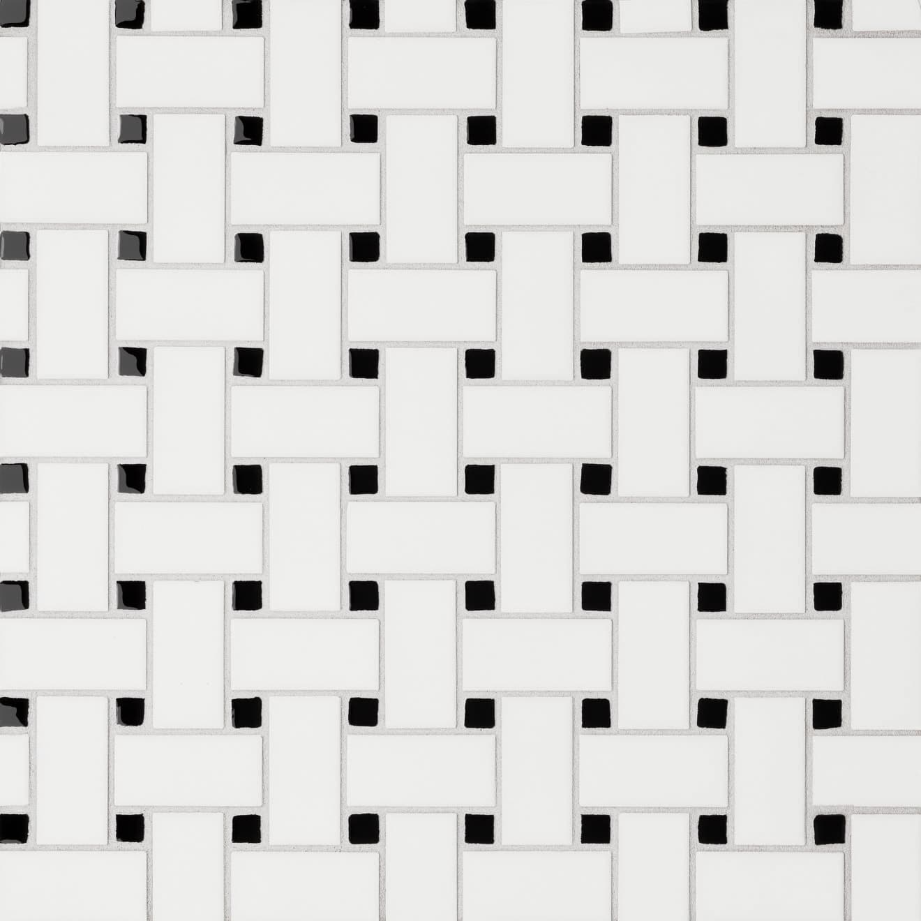 Le Cafe 1" x 2" Basket Weave Porcelain Mosaic Tile in Matte White/Black W/Glossy Dot