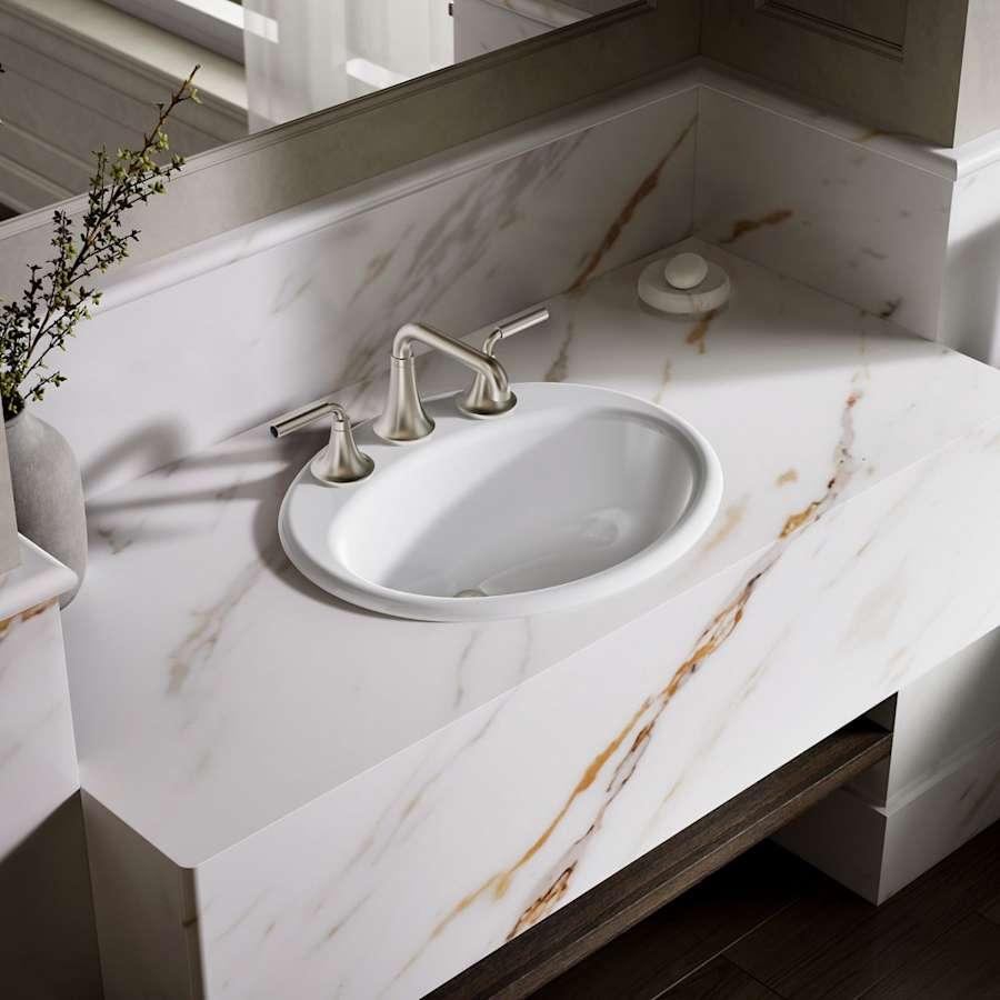 Farmington 19-1/4" Oval Cast Iron Drop In Bathroom Sink with Overflow and 3 Faucet Holes at 8" Centers