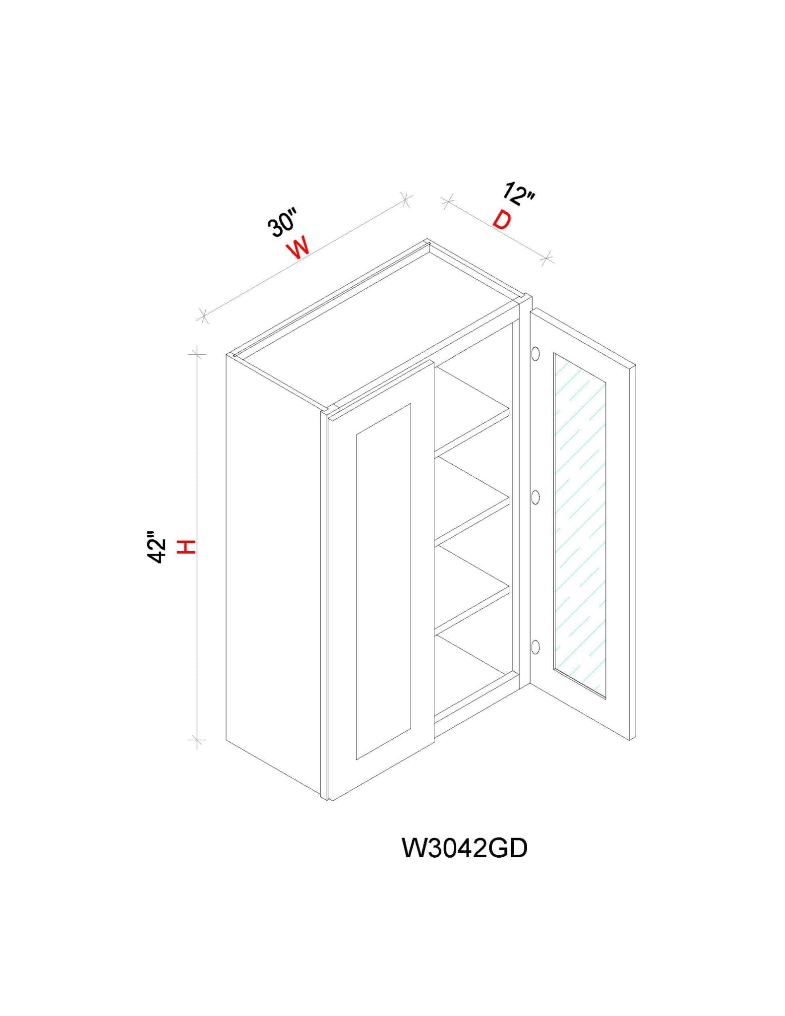Wall Cabinet - 30"W x 42"H x 12"D Glass Door Only