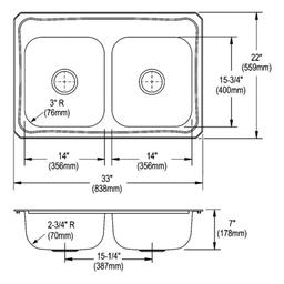 Celebrity Double Bowl Kitchen Sink, Top Mount, 33 x 22 in, 6-3/4 in Bowl Depth, 4-Hole, 20 ga Brushed Satin Steel, Stainless - gez21ursomobm3xmz7at@2x.jpg