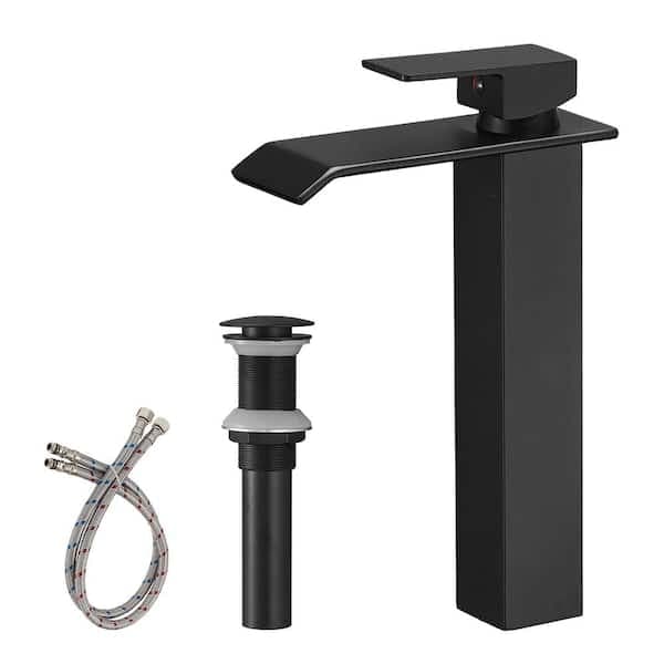 BWE Waterfall Single Hole Single Handle Bathroom Vessel Sink Faucet With Pop-up Drain Assembly in Matte Black A-96004H-Black