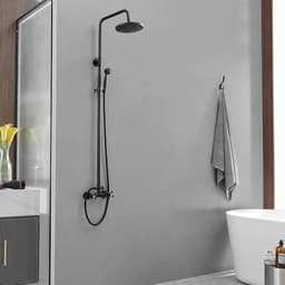 BWE 2-Spray Outdoor Wall Bar Shower Kit 8 in. Round Rain Shower Head with Hand Shower and 2 Cross Knobs in Matte Black A-98015-B - hxnhhawn0j64bxbbsn6m@2x.jpg