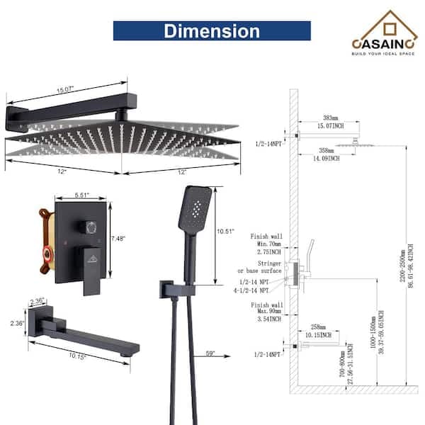 CASAINC 1-Handle 3-Spray Pattern 12 in. Wall Mount Shower Set Shower Head, Tub and Shower Faucet, Matte Black (Valve Included) WF-W98103H-12 - i2twfy4xrfmjrtgoojjj@2x.jpg