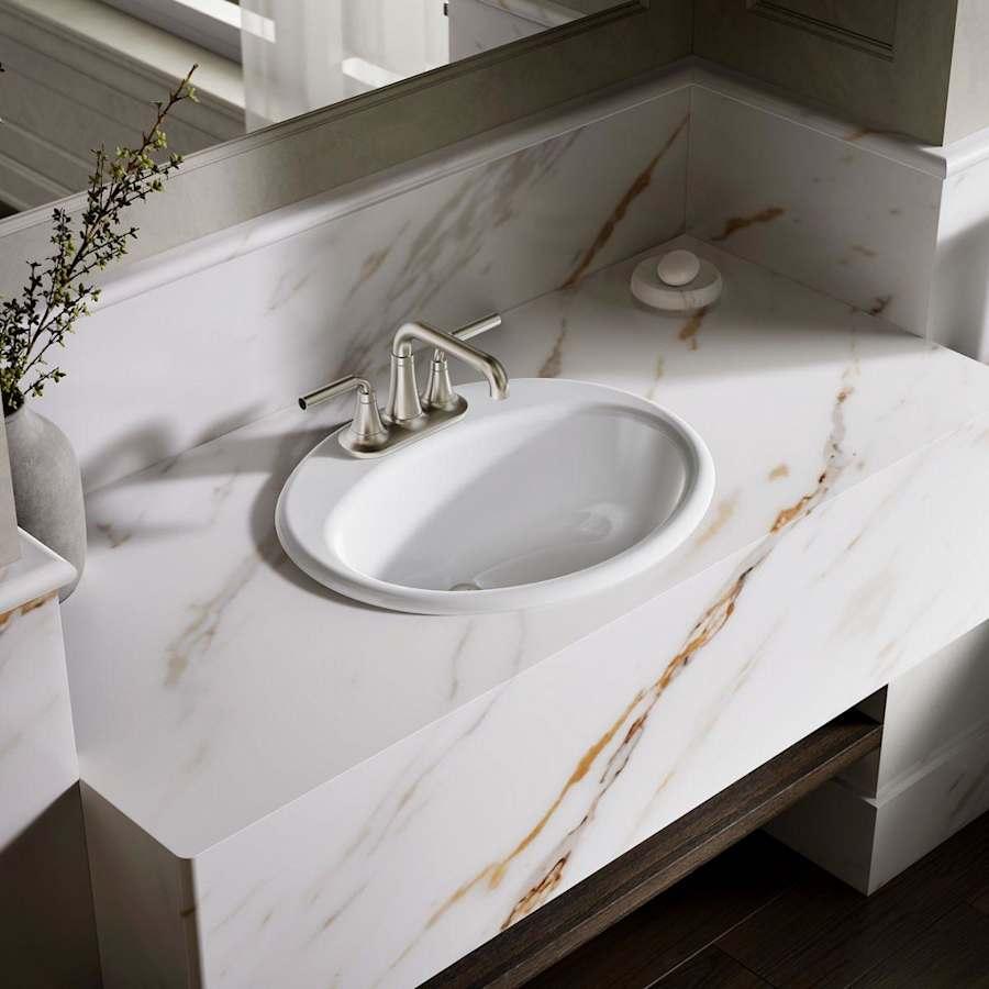Farmington 19-1/4" Oval Cast Iron Drop In Bathroom Sink with Overflow and 3 Faucet Holes at 4" Centers