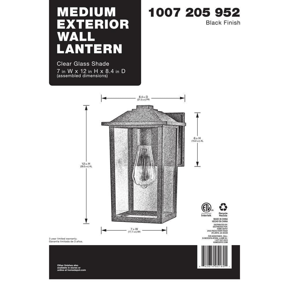 1-Light 12 in. Black Hardwired Transitional Outdoor Wall Light Lantern Sconce with Clear Glass - jsdpyubpmby5kizcsskl@2x.jpg