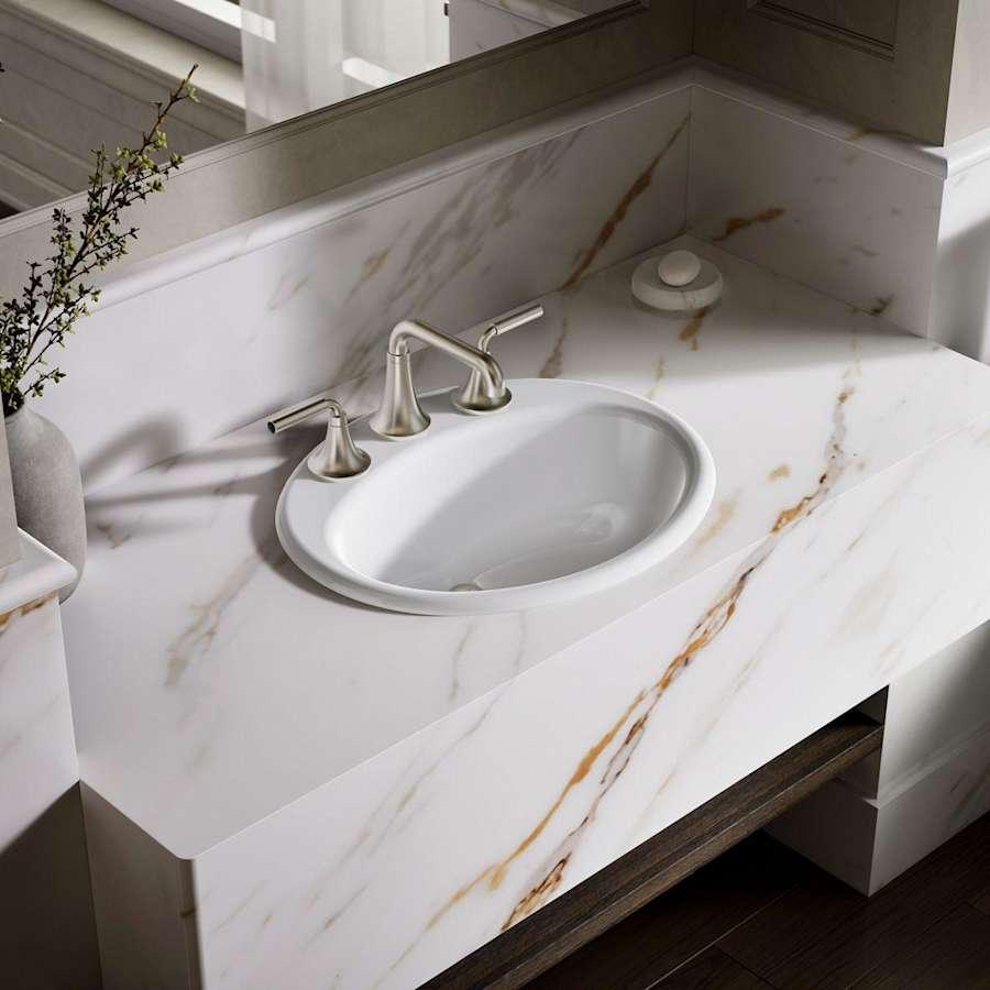 Farmington 19-1/4" Oval Cast Iron Drop In Bathroom Sink with Overflow and 3 Faucet Holes at 8" Centers