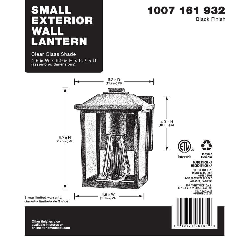 1-Light 7 in. Black Hardwired Classic Outdoor Wall Light Lantern Sconce with Clear Glass - kx6esjr810bnbjth9zht@2x.jpg