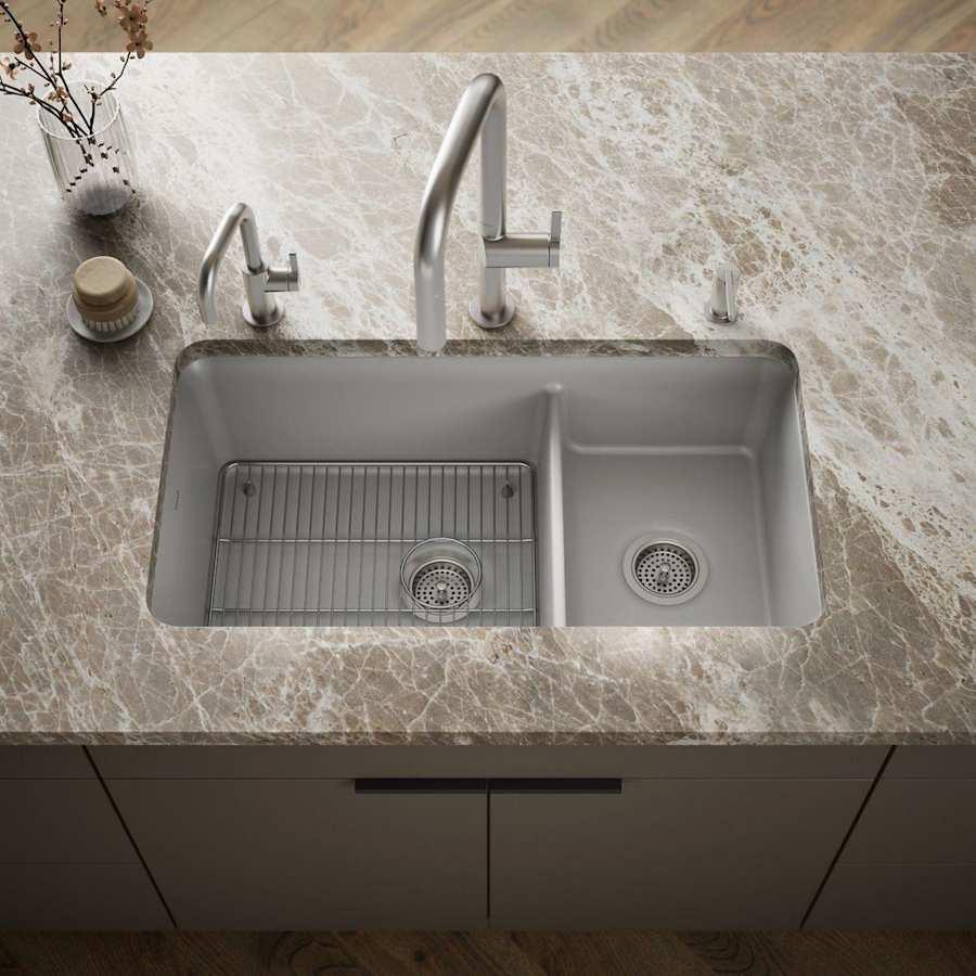 Cairn Slim Divide 33-1/2" Undermount Double Bowl Neoroc Granite Composite Kitchen Sink with Large Bowl Sink Rack - lg6b0ihdprgi2indkdd4@2x.jpg