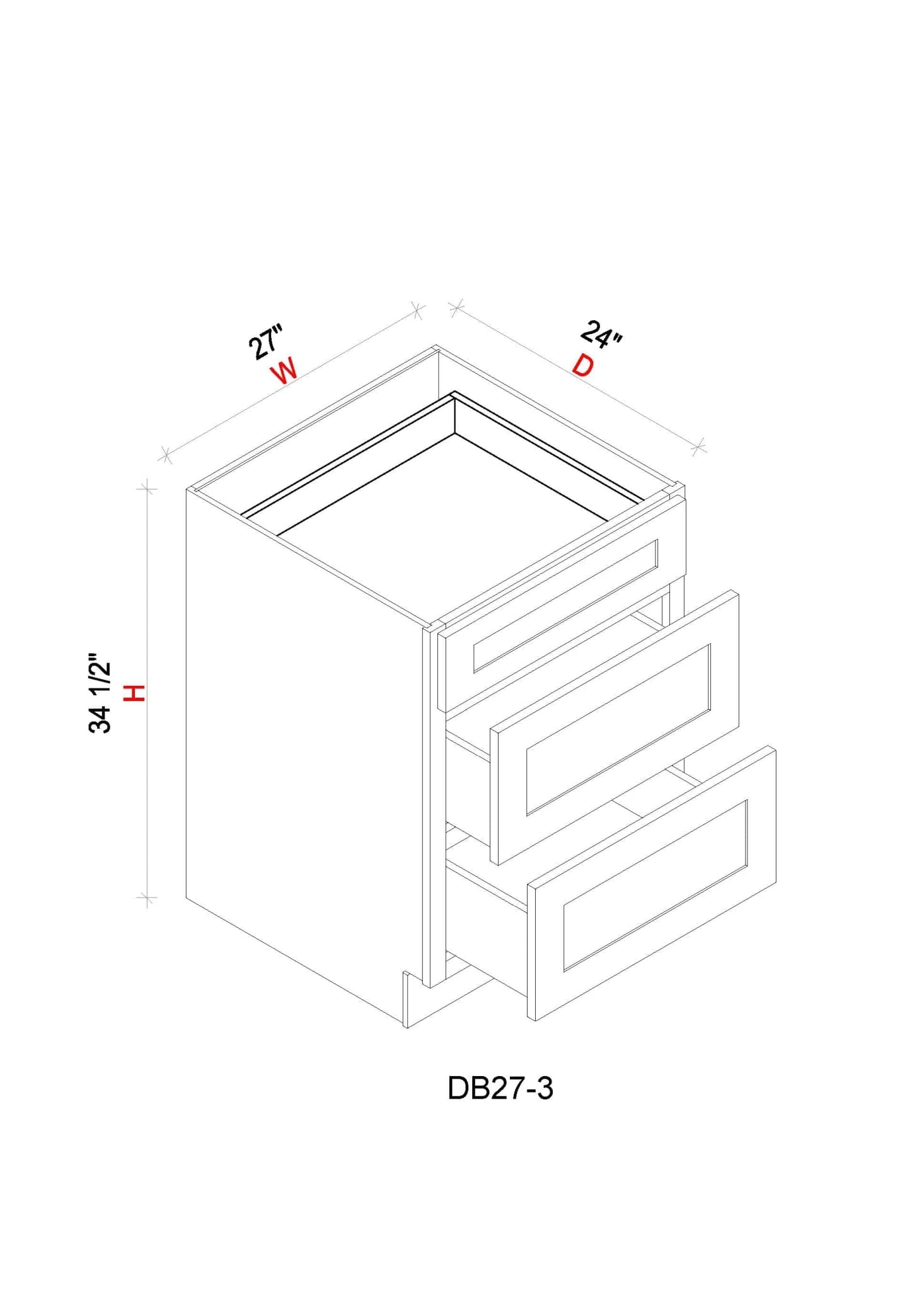 Drawer Base Cabinet - 27"W x 34- 1/2"H x 24"D - 3DRW