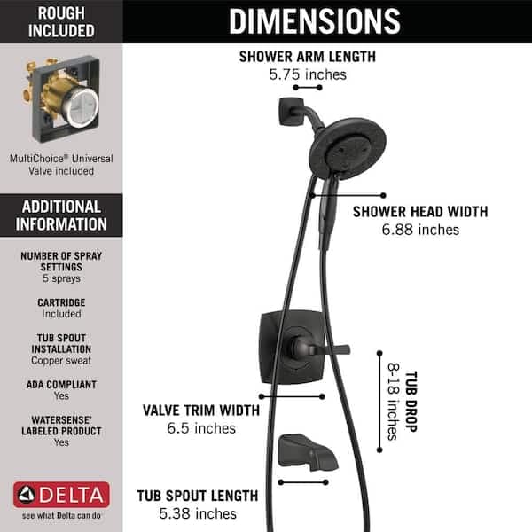 Delta Vesna In2ition Two-in-One Single-Handle 5-Spray Tub and Shower Faucet in Matte Black (Valve Included) 144789-BL-I - odwgd7yoykwqgwtytxcv@2x.jpg
