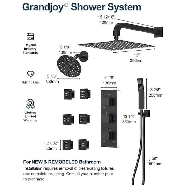 GRANDJOY ZenithRain Thermostatic Dual Showers 8-spray 12 in. Shower System with Hand Shower in Matte Black Valve Included SGF10GJ-17-BL12 - oln2ekbjsu6d4hwcaq0i@2x.jpg