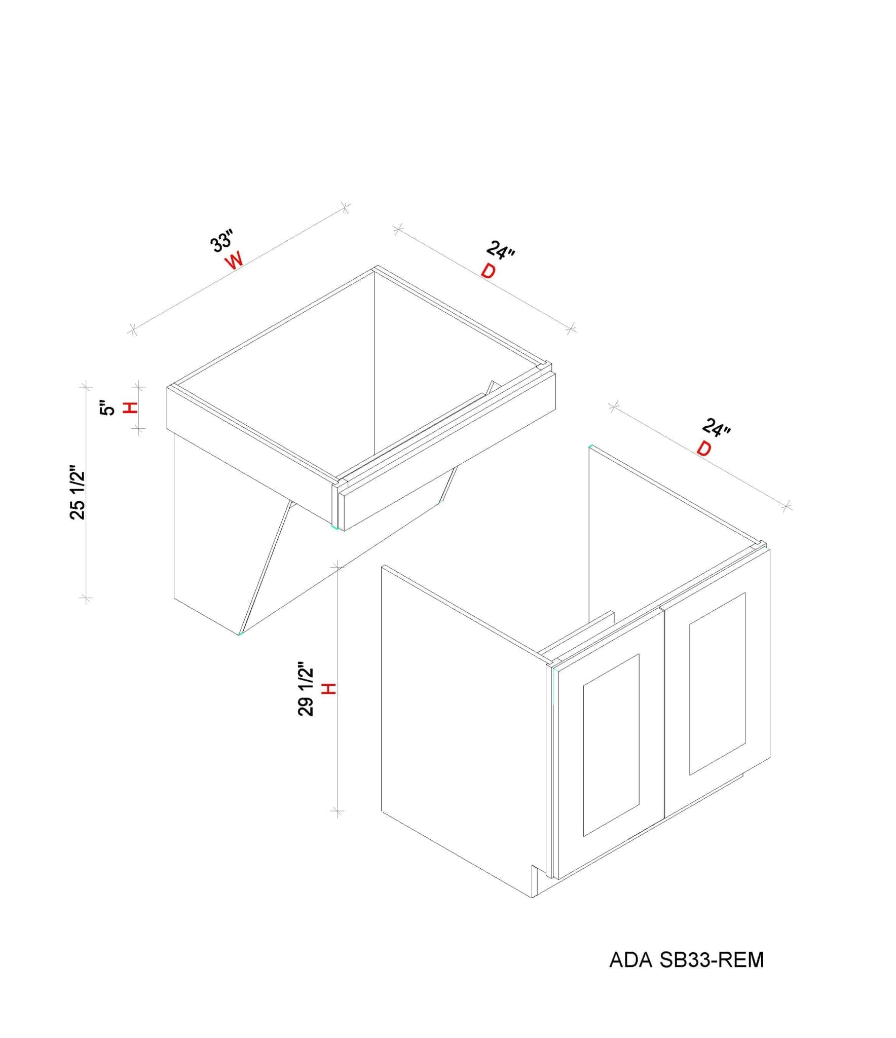 Removable ADA Sink Base - 33"W x 34- 1/2"H x 24"D