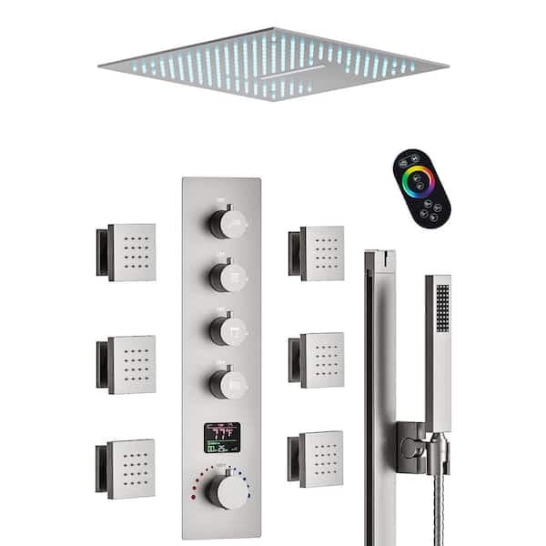 YAWWALK Thermostatic 15-Spray 16 in. Ceiling Mount Square LED Mood Lighting Shower System with Valve in Brushed Nickel CR1-S027-16NI-1 - q1vw62ylyuipptk9oxgq@2x.jpg