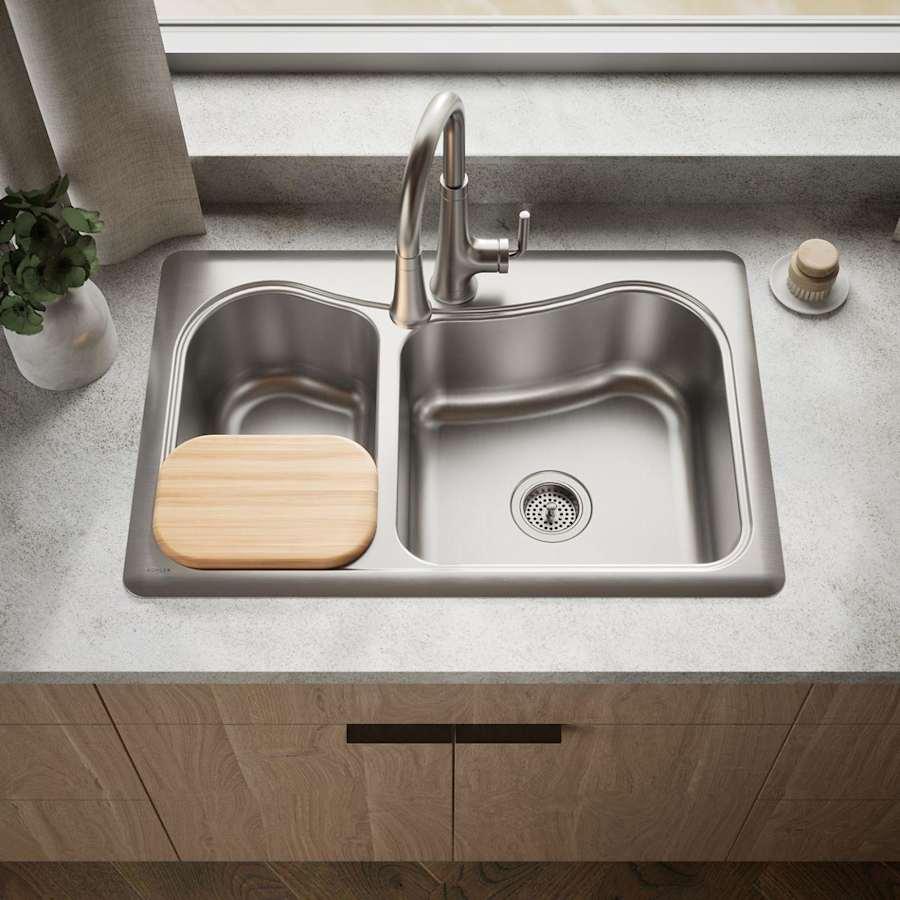 Staccato 33" Double Basin Drop In 18-Gauge Stainless Steel Kitchen Sink with SilentShield, Cutting Board, and Single Faucet Hole - qwjmc0bgaied1tkkvidn@2x.jpg