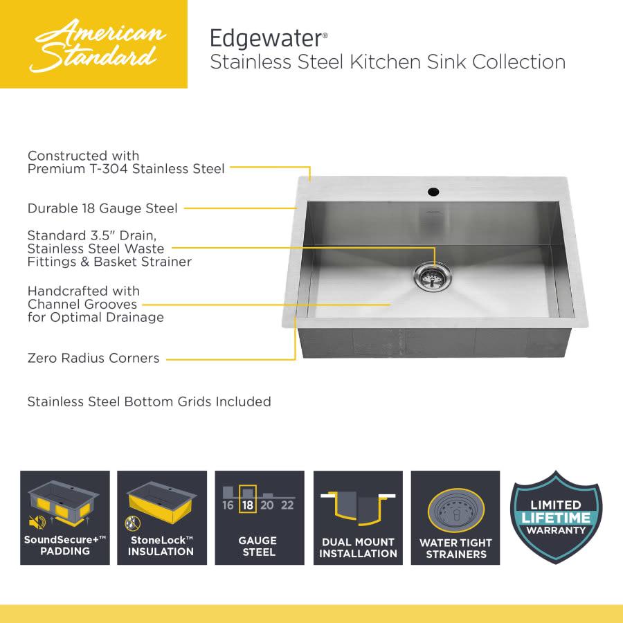 Edgewater 25" Single Basin Stainless Steel Kitchen Sink for Drop In or Undermount Installations with Single Faucet Hole - Drain Included - rf8mxylshqajxw4n5tne@2x.jpg