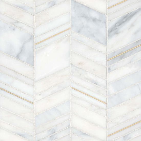 Ferrara Bianco Chevron Mix Size Mosaic W-Brass Honed