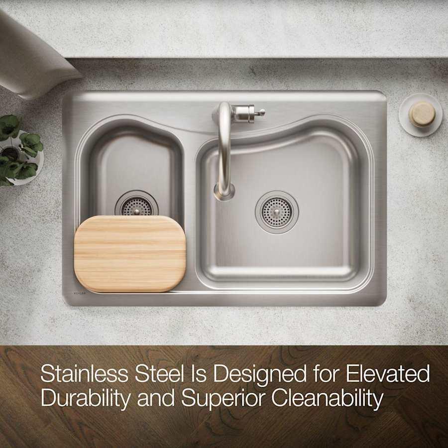 Staccato 33" Double Basin Drop In 18-Gauge Stainless Steel Kitchen Sink with SilentShield, Cutting Board, and Single Faucet Hole - tdvsumb77twdg94wvkqw@2x.jpg