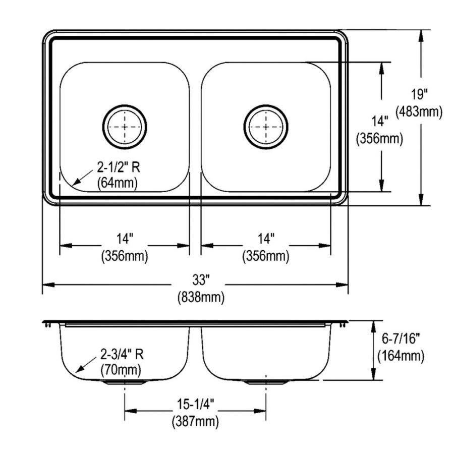 Dayton® Double Bowl Kitchen Sink, Top Mount, ADA, 33 x 19 in, 6-5/16 in Bowl Depth, 3-Hole, 22 ga Satin Steel, Stainless - vhetjldklnbsu1aaqsay@2x.jpg