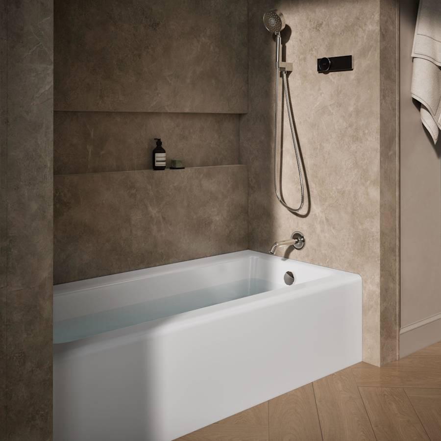Bellwether Bath Tub 66" L x 32" W Cast Iron Soaking for Three Wall Alcove Installations with Integral Apron and Right Drain