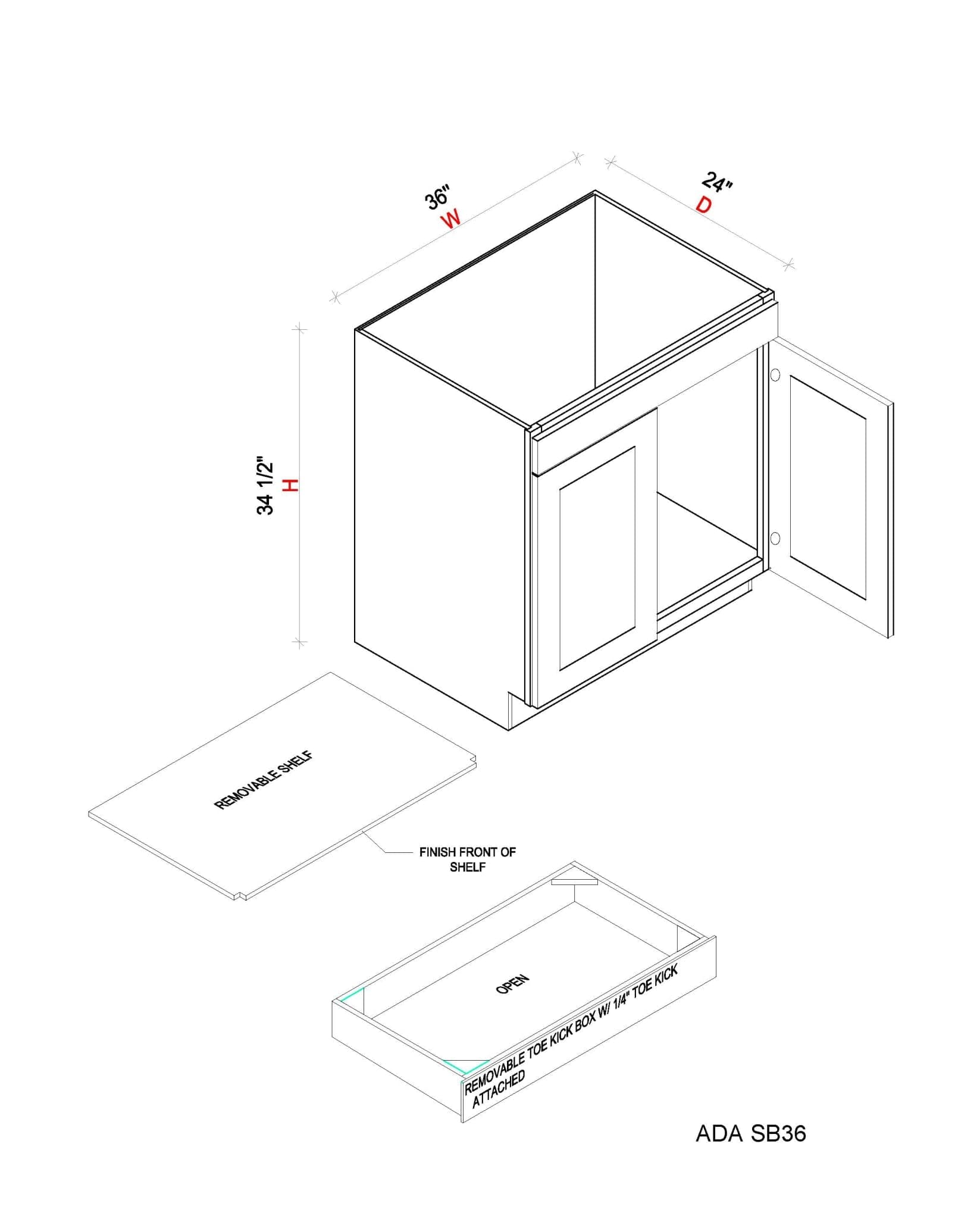 ADA Sink Base - 36"W x 34- 1/2"H x 24"D