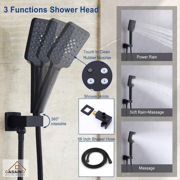 CASAINC 1-Handle 3-Spray Pattern 12 in. Wall Mount Shower Set Shower Head, Tub and Shower Faucet, Matte Black (Valve Included) WF-W98103H-12 - w1323wfpjaqh1gt553xl@2x.jpg