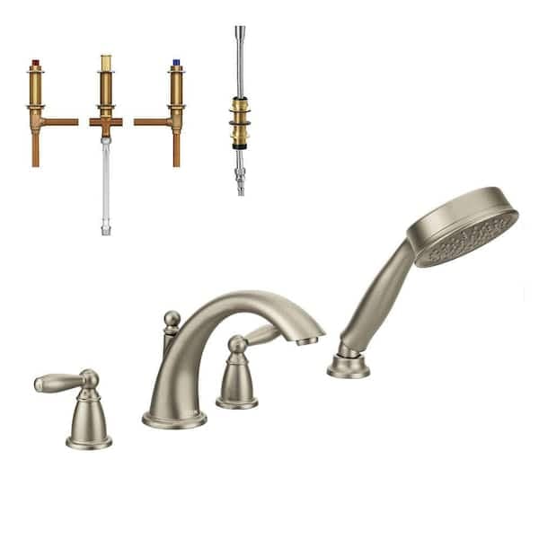 MOEN Brantford 2-Handle Deck-Mount Roman Tub Faucet with Handshower in Brushed Nickel (Valve Included) T924BN-9792