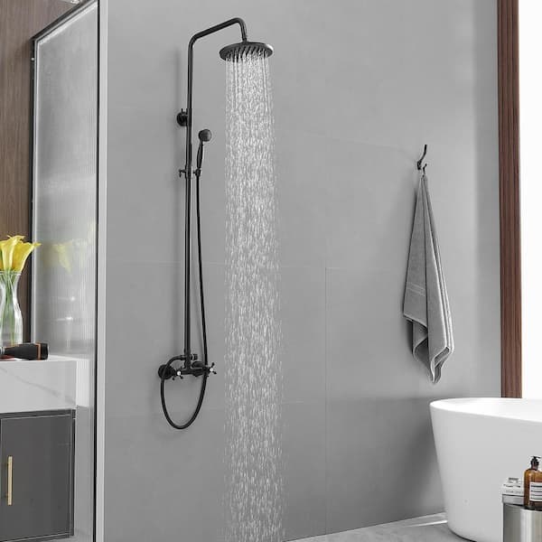 BWE 2-Spray Outdoor Wall Bar Shower Kit 8 in. Round Rain Shower Head with Hand Shower and 2 Cross Knobs in Matte Black A-98015-B - wrrekq5bshksll9pdxc7@2x.jpg