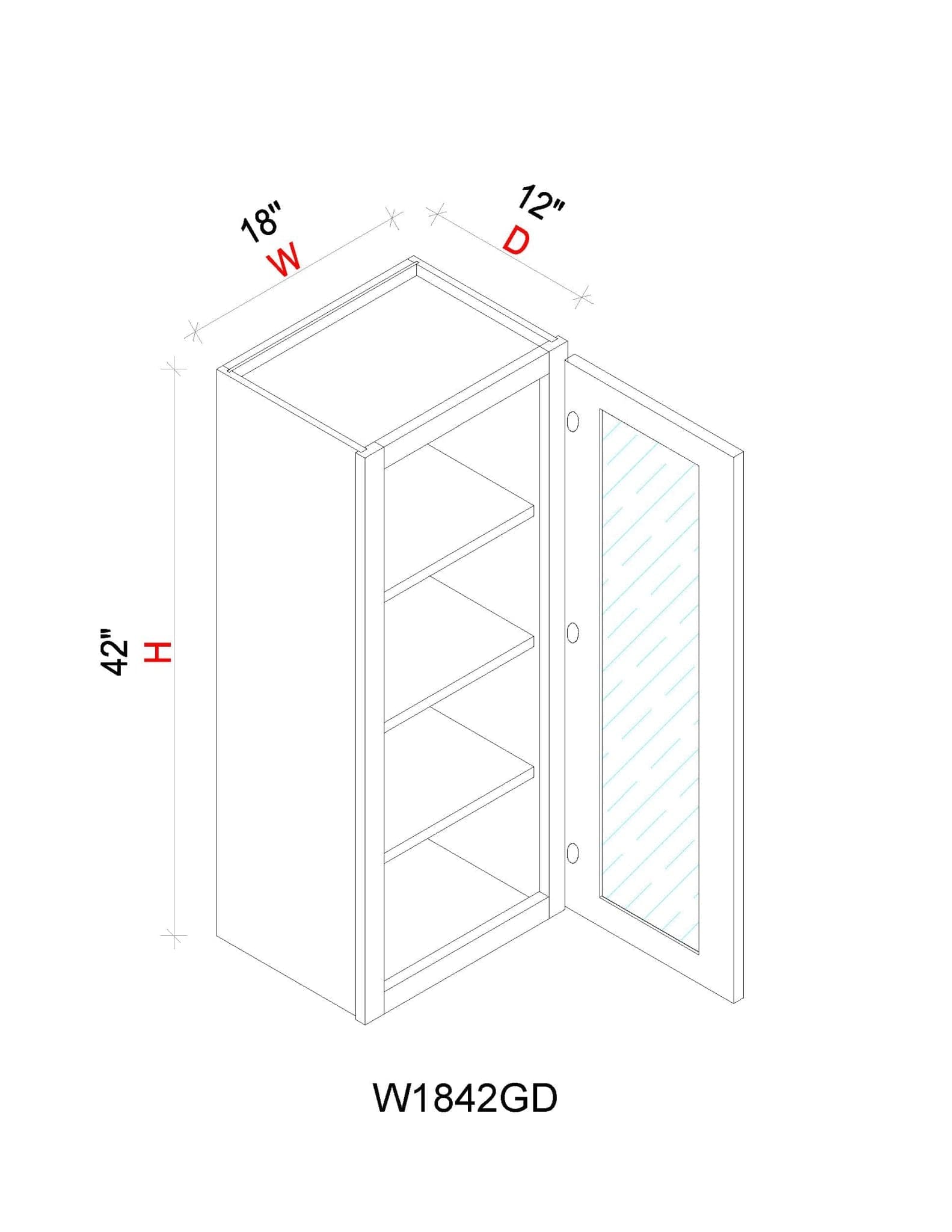 Wall Cabinet - 18"W x 42"H x 12"D Glass Door Only