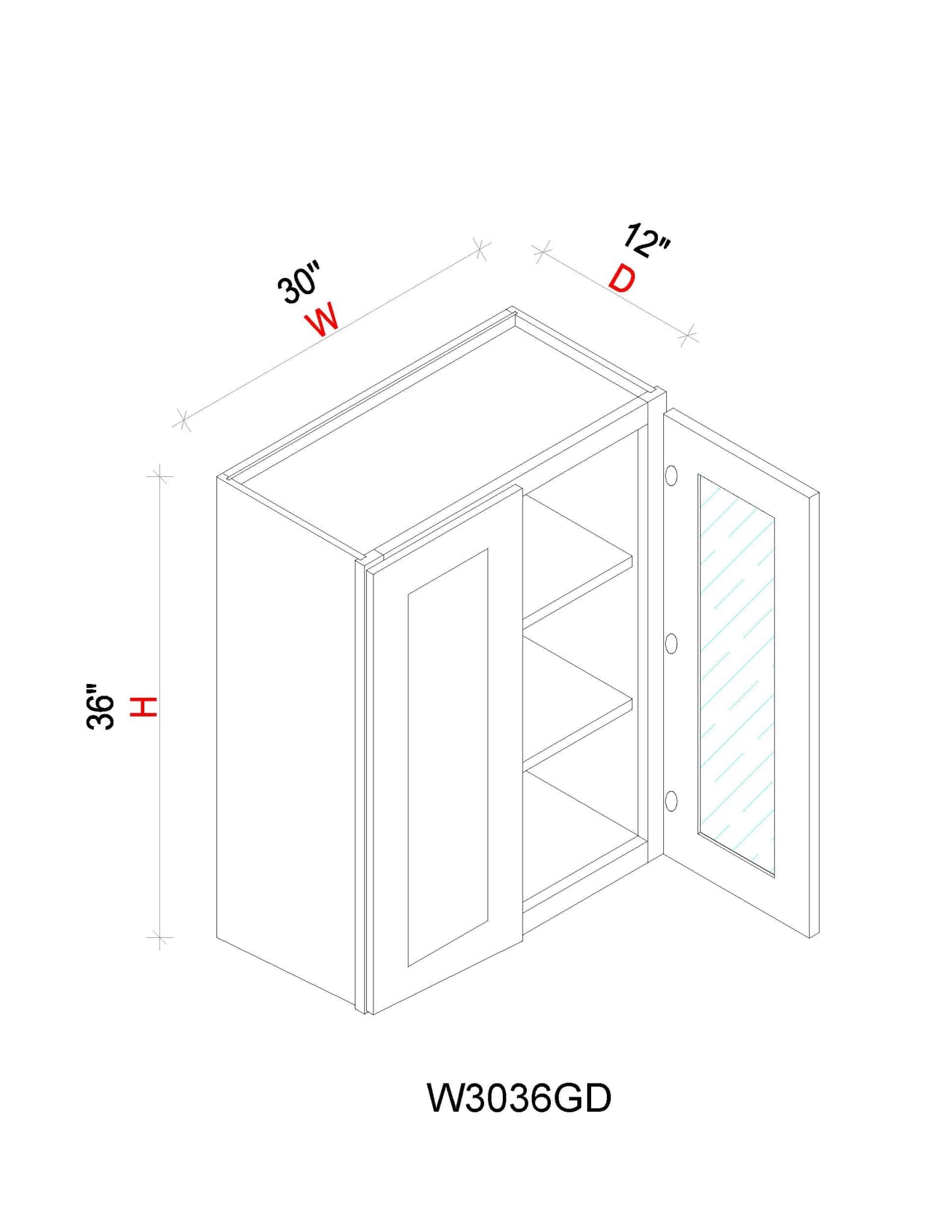 Wall Cabinet - 30"W x 36"H x 12"D Glass Door Only