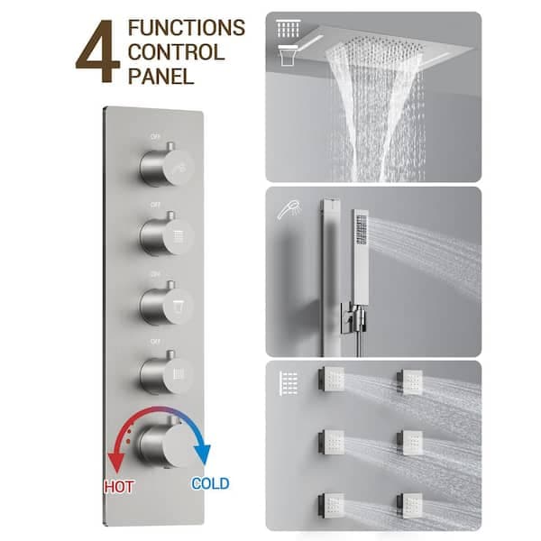 YAWWALK Thermostatic 15-Spray Ceiling Mount 23 x 15 in. Rectangle LED Mood Lighting Shower System with Valve in Brushed Nickel CR1-S025-NI-1 - zn9h5majampvgsizv71x@2x.jpg
