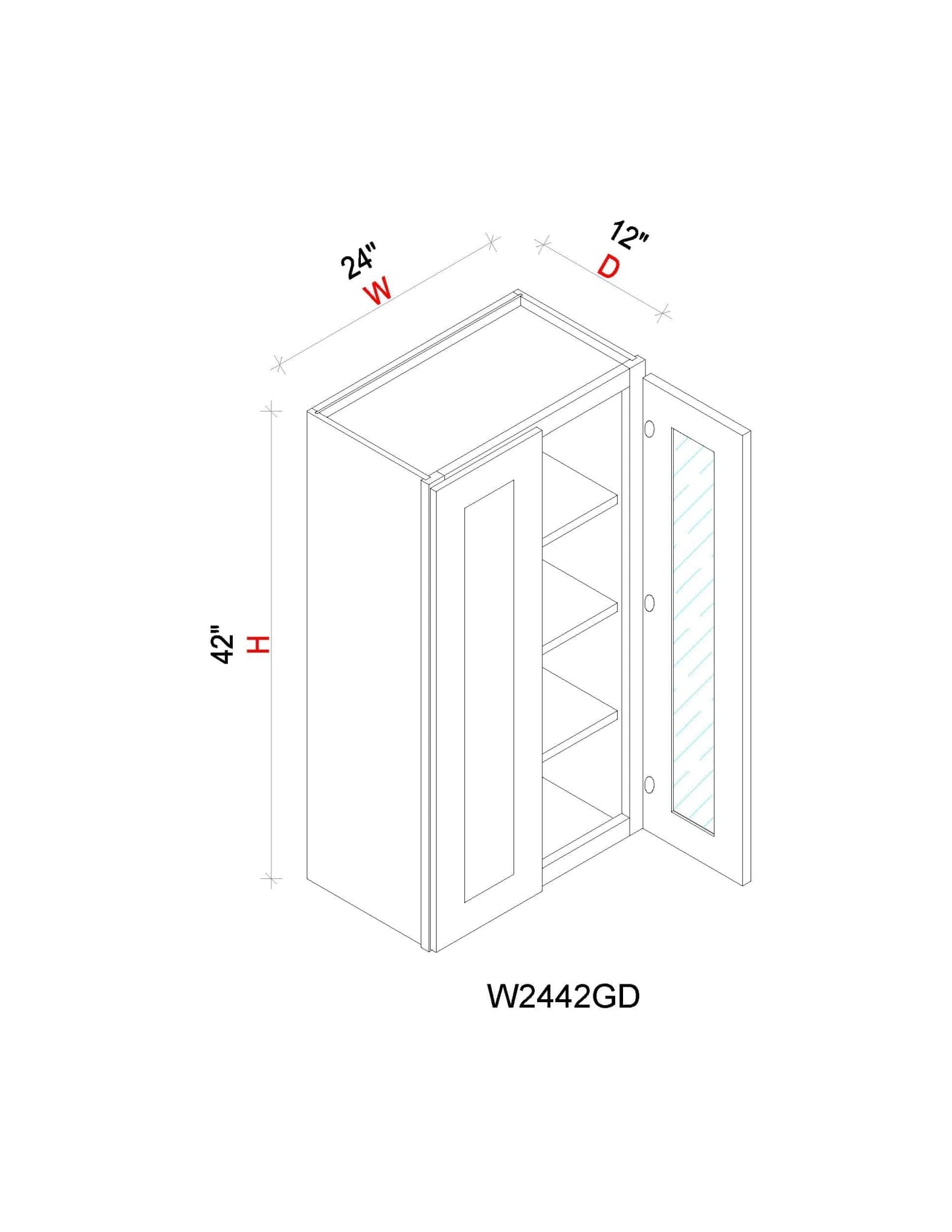 Wall Cabinet - 24"W x 42"H x 12"D Glass Door Only