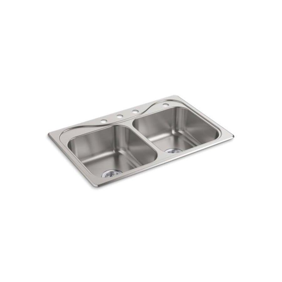Southhaven® Double Bowl Kitchen Sink, Top Mount, 33 x 22 in, 8 in Bowl Depth, 4-Hole, 20 ga Satin Steel, Stainless