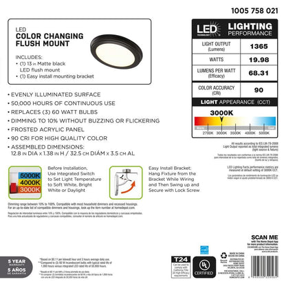 13 in. Matte Black Selectable LED Flush Mount