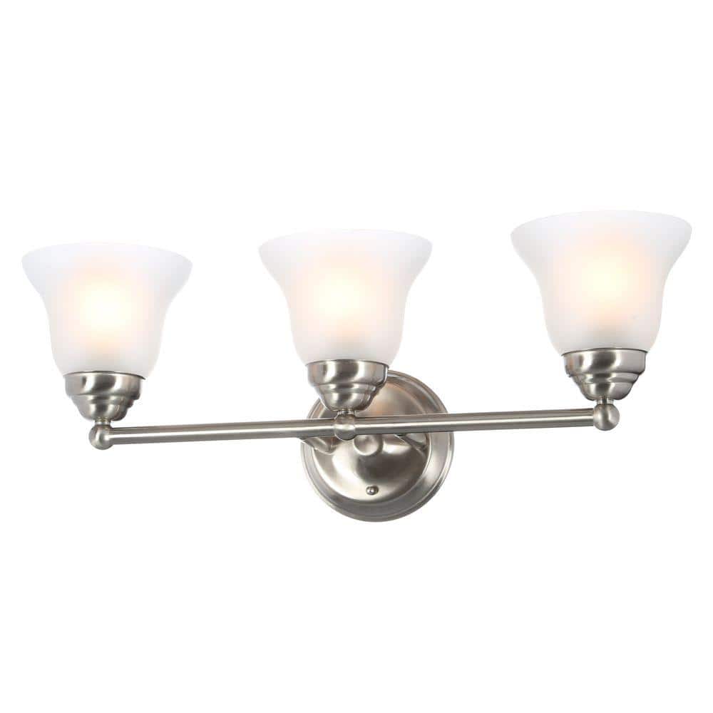 Hampton Bay Ashhurst 3-Light Brushed Nickel Classic Traditional Bathroom Vanity Light with Frosted Glass Shades