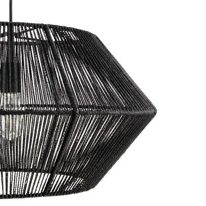 Terra 1-Light Matte Black Chandelier with Natural Twine Shade and Designer Black Cloth Hanging Cord