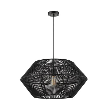 Terra 1-Light Matte Black Chandelier with Natural Twine Shade and Designer Black Cloth Hanging Cord